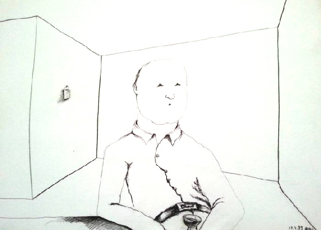 1999-04-19 Sitzender mit Glas Wein, Bleistift01