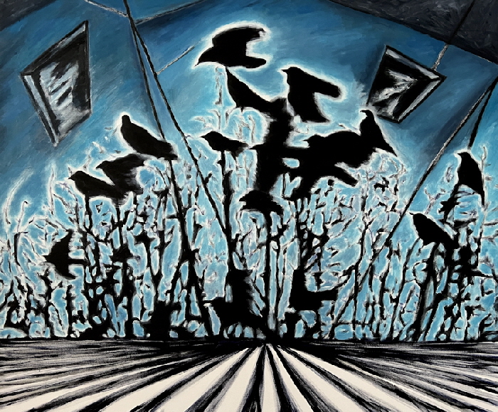 2024-01 Kraehen in kahlem Wald, 2024, Oel und Acryl auf Leinwand, 100x120